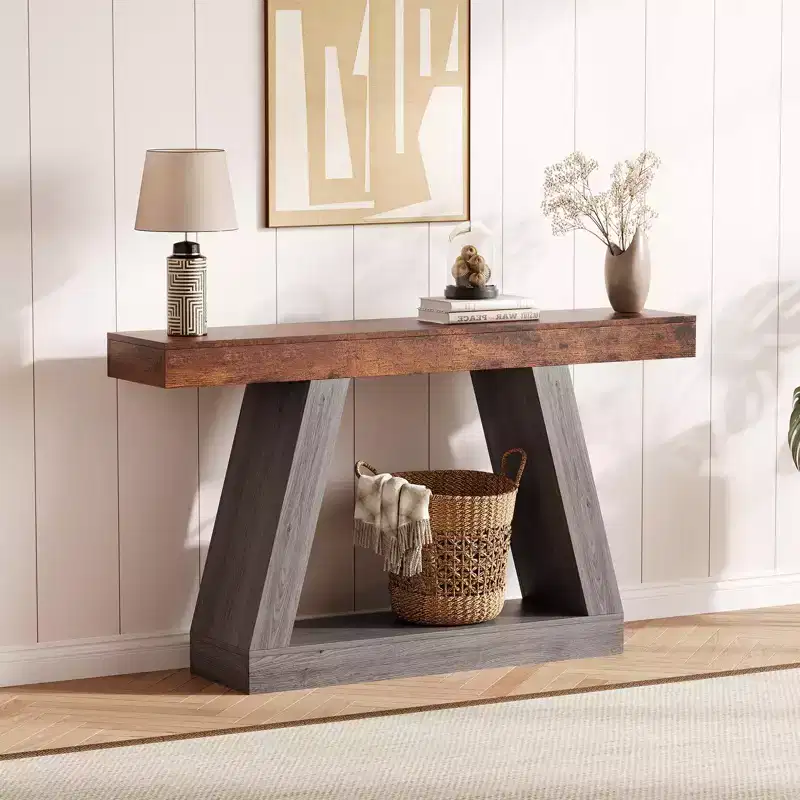 Industrial 2-Tier Sofa Table 55 Inch with Open Storage Shelves, Farmhouse Wooden Entryway Table Trapezium TV Console for Living Room Hallway Porch