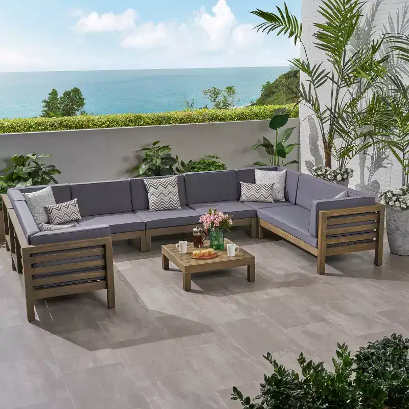 GDFStudio Cascada Outdoor Acacia Wood 9 Seater Sectional Sofa Chat Set with Cushions