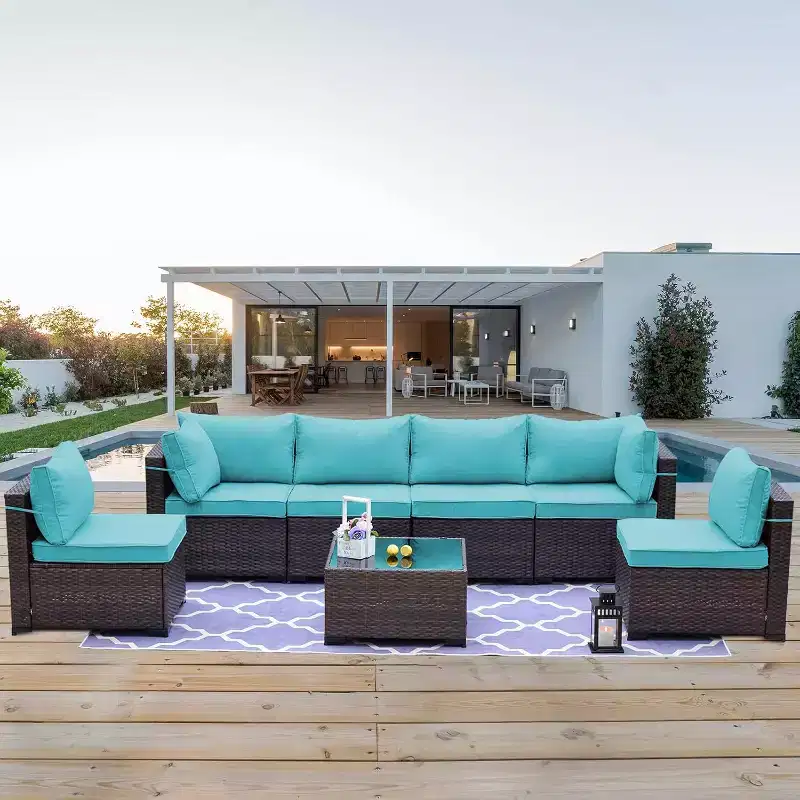 ALAULM Patio Furniture 7 Pieces Outdoor Sectional PE Rattan Sofa Set Brown Manual Wicker Patio Conversation Set