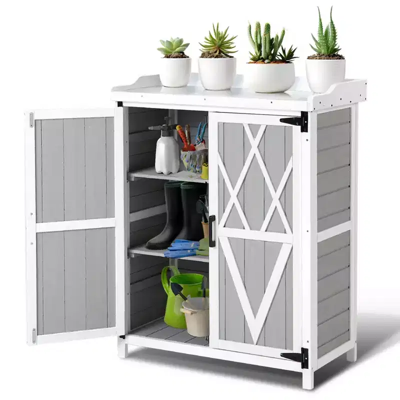 Outdoor Storage Cabinet, Potting Bench - Waterproof Wooden Garden Work Station with Galvanized Tabletop, Adjustable Shelves for Backyard/Patio/Lawn