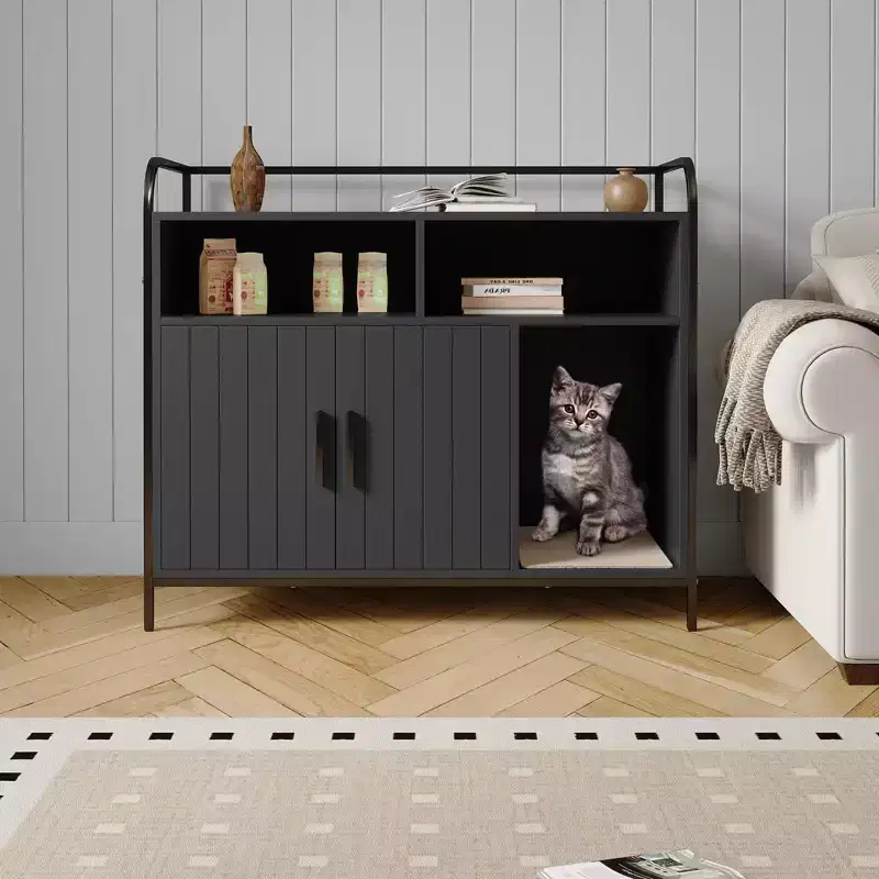 Cat Litter Box Furniture, Hidden Litter Box Enclosure - Wooden Barn Door Dog Proof Cat Washroom Kitty House for Most Litter Boxes