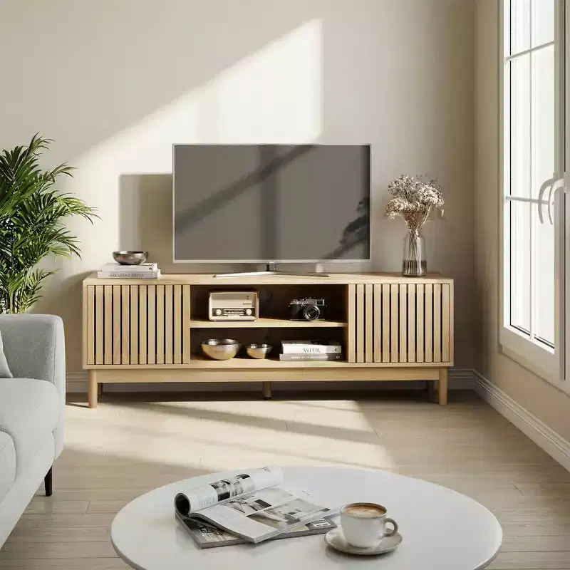 Rajesh Modern Wooden 55 TV Stand with Open Shelves and Cable Hole