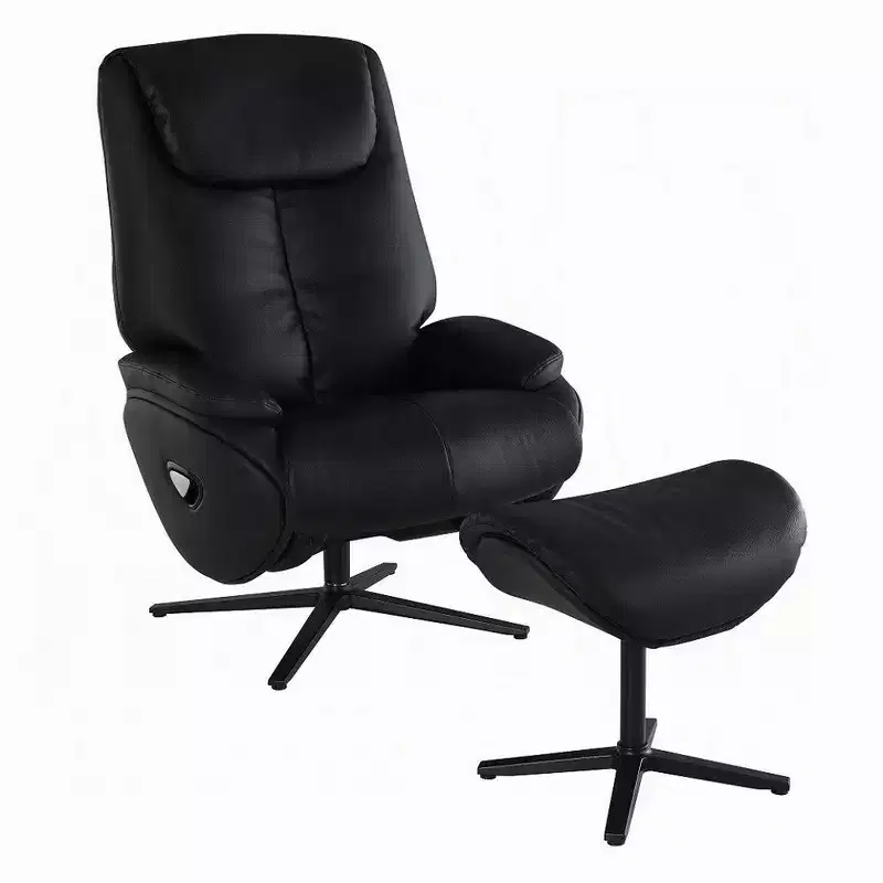 Swivel Accent Chair with Ottoman, Plush Black Top Grain Leather