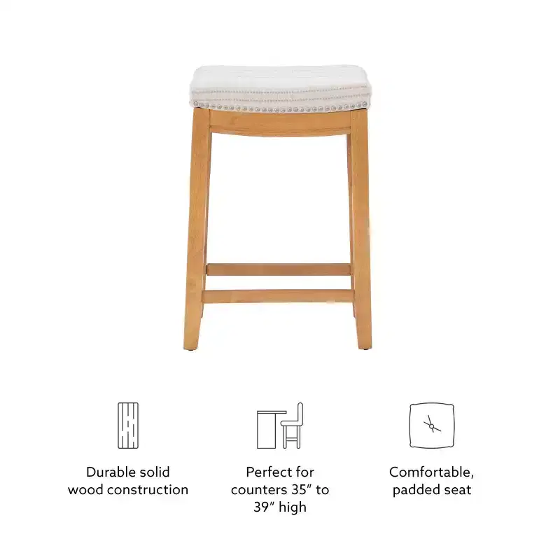 Counter Height Barstool Rustic Brown Natural Linen Upholstered Backless