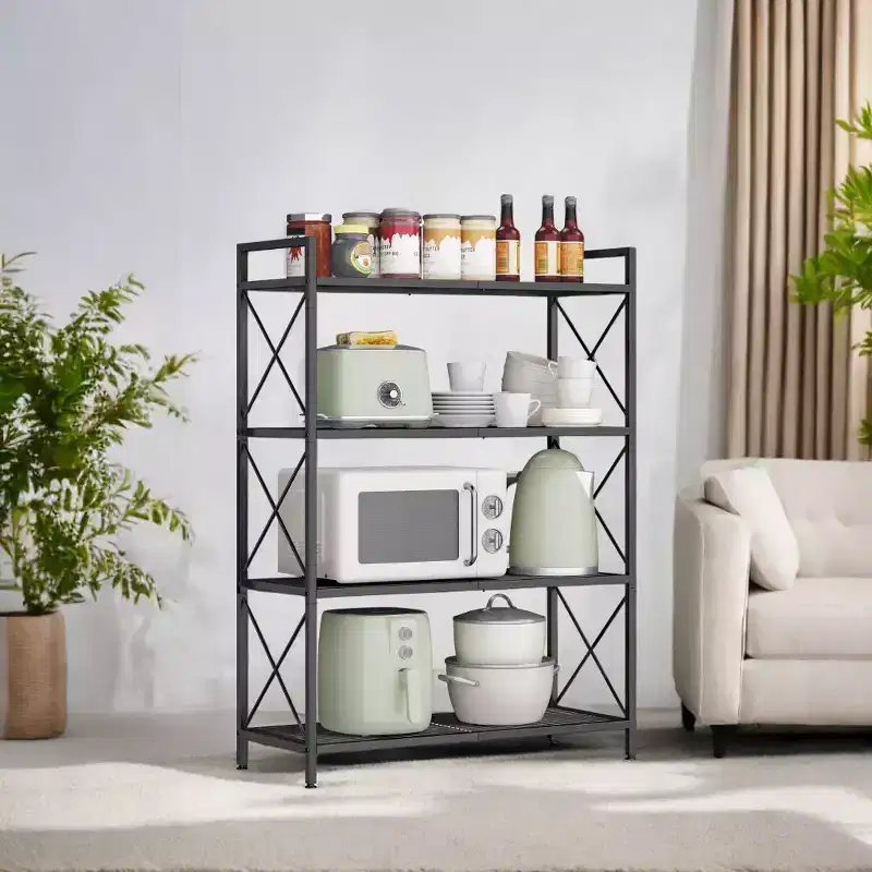 Ink Black 4 - Tier Metal Storage Rack with X Side Frames and Dense Mesh, Sized 12.6 x 31.5 x 44.3 Inches. Ideal Industrial Style Shelving Unit