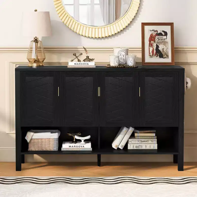 Modern Double-Tier 4-Door Sideboard Storage Cabinet with Open Shelves for Dining Room, Living Room, and Kitchen