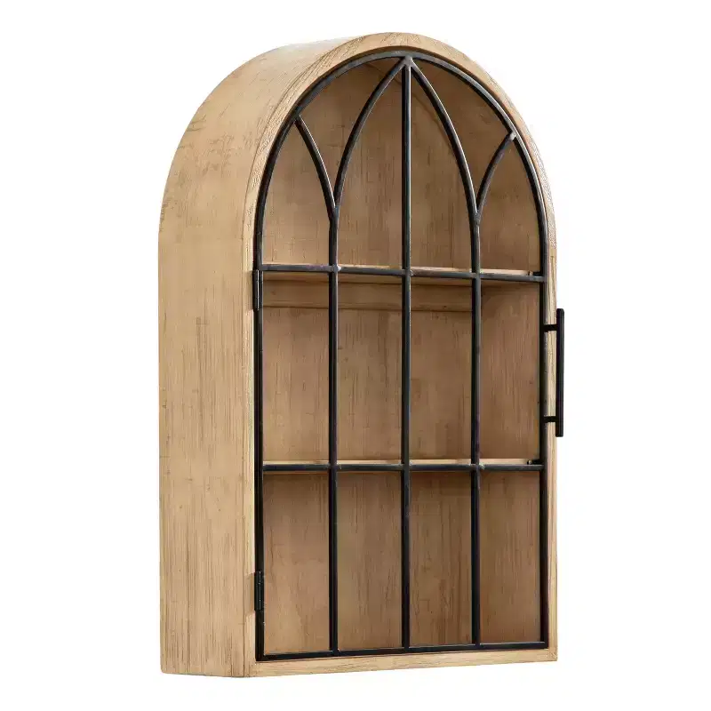 & 16"x5"x24" Arched Wall Mounted Cabinet Natural: Vintage Style, Iron Metal Door, 3 Shelves