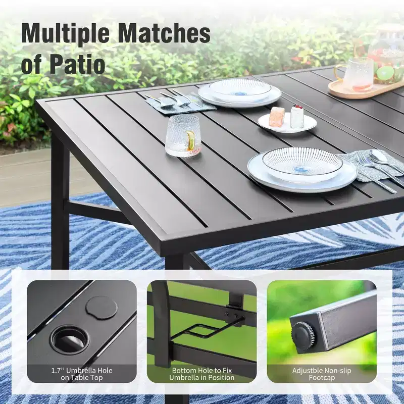 Captiva Designs 9pc Spacious Slat-top Rectangle Metal Table with Umbrella Hole & Fixed Steel Chairs with Gourd Head Armrests