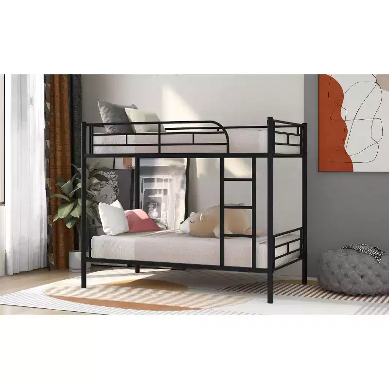 Bunk Bed with Ladder and Safety Guardrail Metal Loft Bunkbeds for Kids, Girls, Boys Easy Assemble Space-Saving