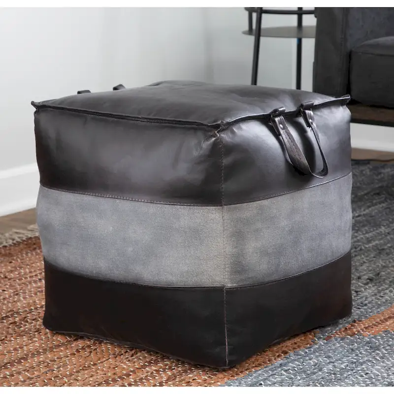 Leather & Canvas Pouf Ottoman – Brown/Tan, Black/Grey, Espresso/Tan – 1 Person