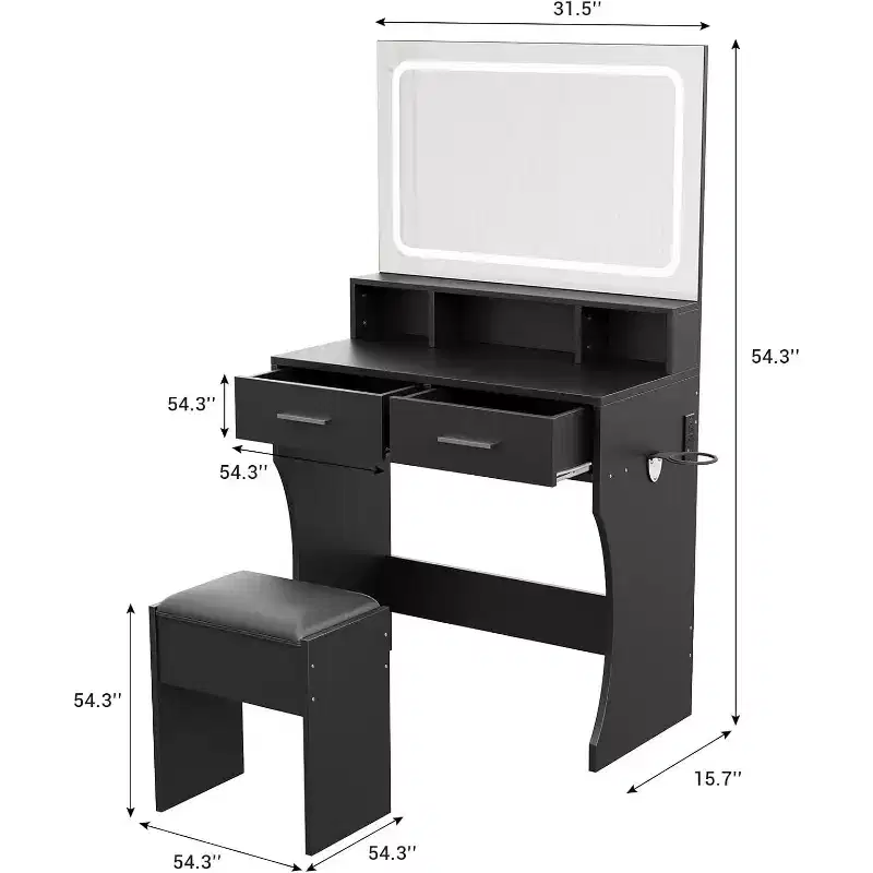 31.5in Wide Vanity Desk with Mirror Charging Station & Stool, Compact Wood Make Up Dressing Table Set for Girls Bedroom, Dorm Apartments
