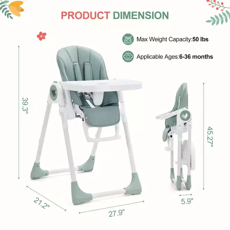 Easy Clean High Chairs for Babies with Adjustable Height, 5 Recline Positions, Removable Double Tray and 5-Point Harness