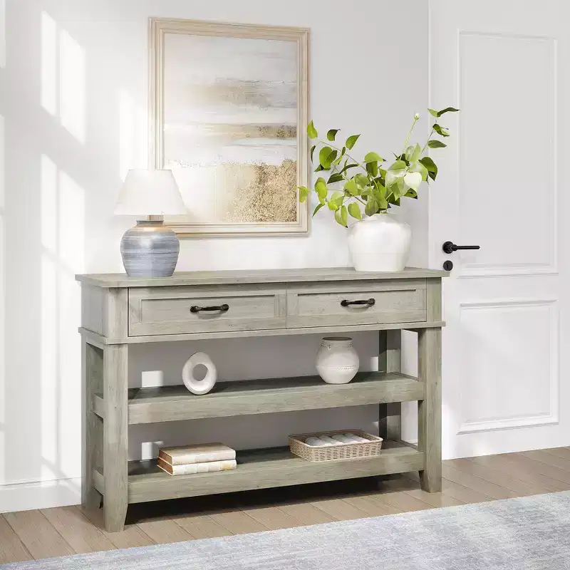 Farmhouse Entryway Table, Console Table with 2 Storage Drawers, 3 Tier Farmhouse Wooden Sofa Table, Hallway Table for Entryway, Living Room-Grey