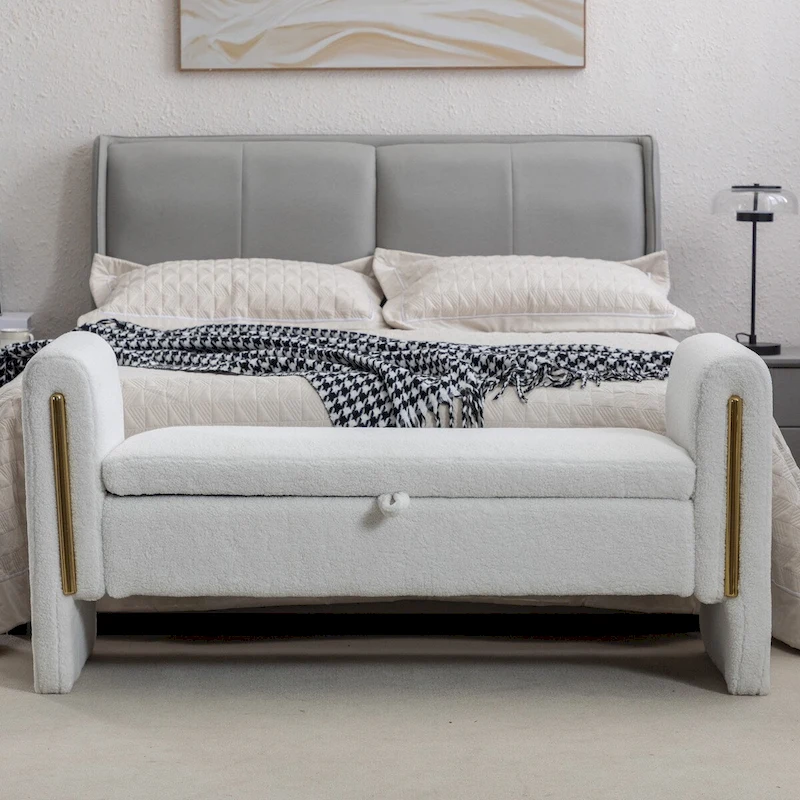 Teddy Fabric Storage Bench Bedroom Bench With Gold Metal Trim Strip For Living Room Bedroom Indoor