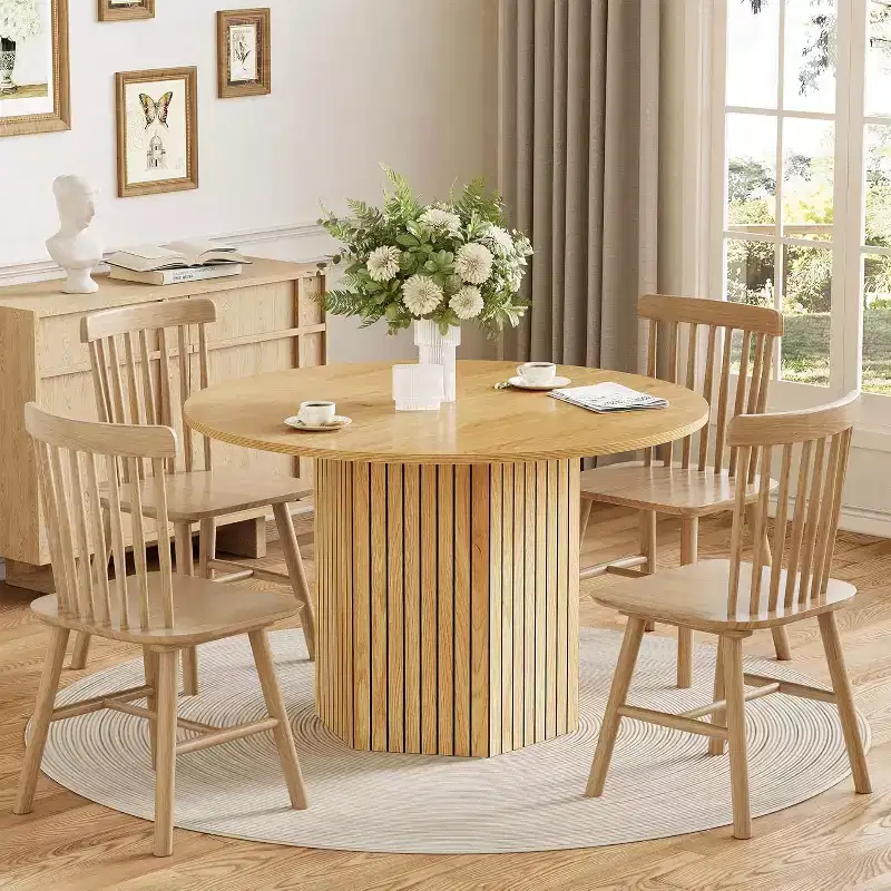 Round Wood Dining Table, 47-Inch Small Dining Table for 4, Modern Circle Kitchen Table with Wood Strip Base for Kitchen Living Room, Walnut