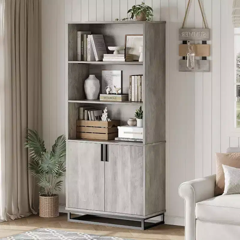 Bookshelf with Doors, Metal Base, 3 Open & 2 Hidden Shelves, Waterproof Scratch-Resistant