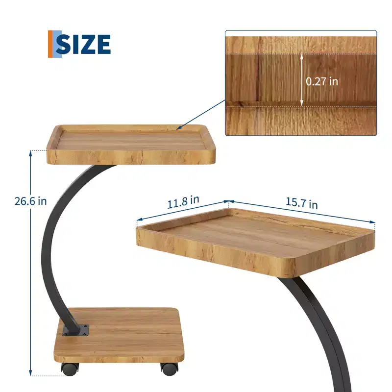 End Table with Rolling Wheels, Small Bed Stand, Wooden 360 Rotating TV Tray, for Living Room, Bedroom