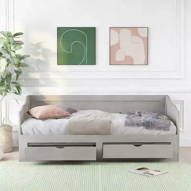 Luxystar Modern Wood Daybed with Trundle Bed and 2 Storage Drawers for Living Room