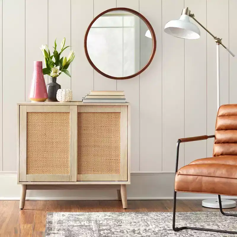 Buylateral Rosen Rattan Sliding Door Buffet Natural: Mid-Century Modern Sideboard, Adjustable Shelves