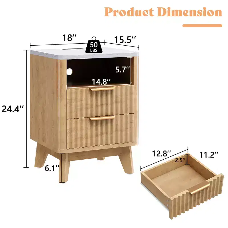 Fluted Nightstand with Charging Station and Faux Marble Top