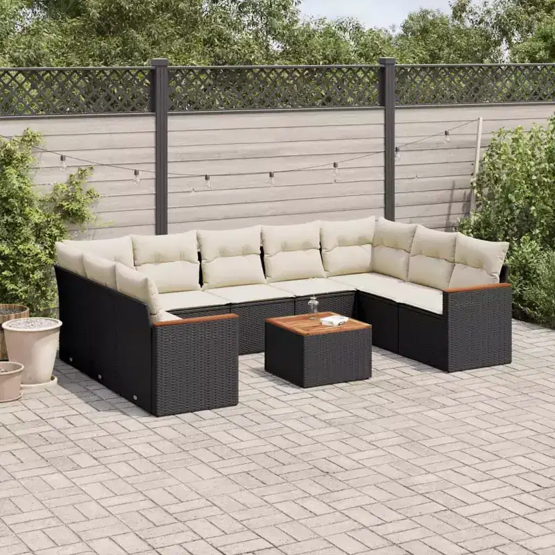 vidaXL 10 Piece Patio Sofa Set with Cushions Black Poly Rattan