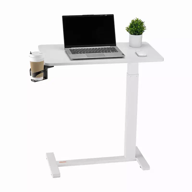 Overbed Table, Mobile Bed Side Table with Hidden Wheels, Height Adjustable Rolling Laptop Desk with Cup Holder, White