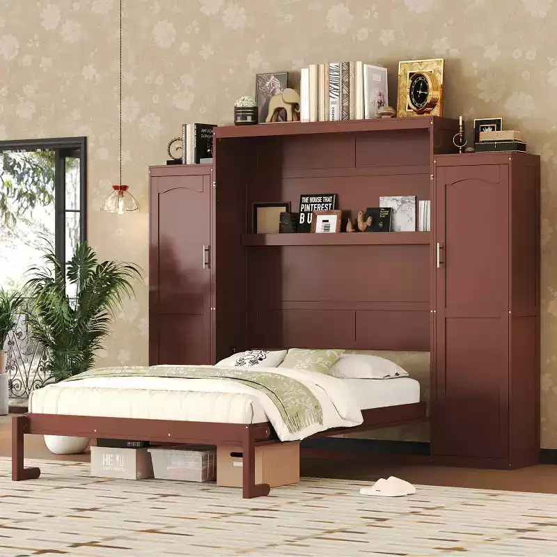 MAYEERTY Queen Size Murphy Bed with 2 Wardrobe and Storage Shelf Multifunctional Foldable Platform Bedframe for Bedroom Walnut