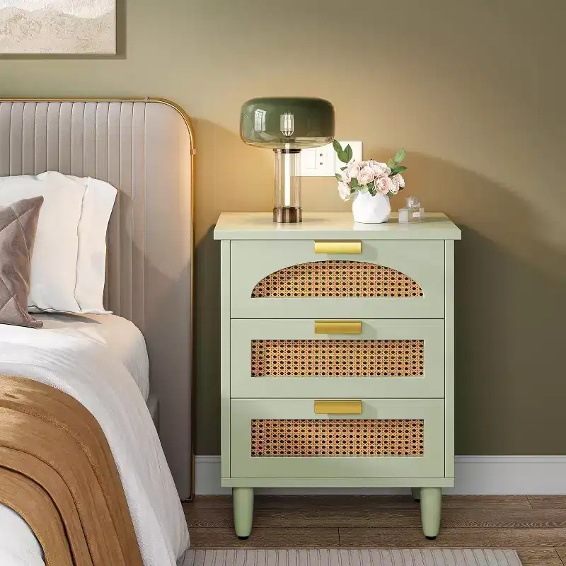 Lantine Rattan Night Stand, Mint Green 3-Drawer Bedside Table with Storage, End Table for Bedroom, Living Room, Sofa, Office