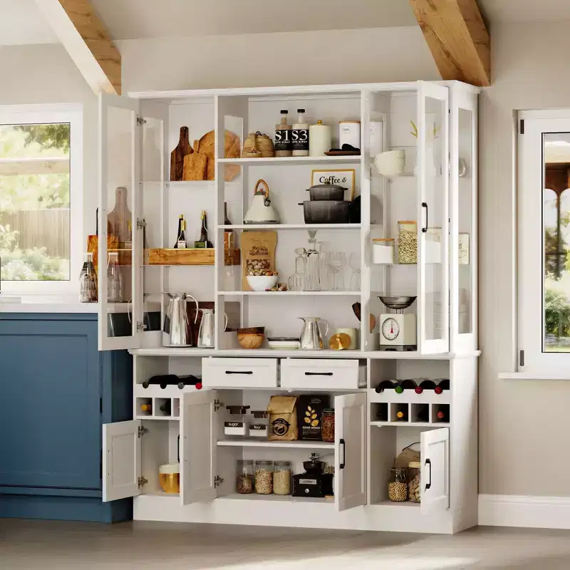 Famapy White Kitchen Cabinet: Glass Doors, Wine Rack,Multi - Storage Zones  Perfect for Display & Storage