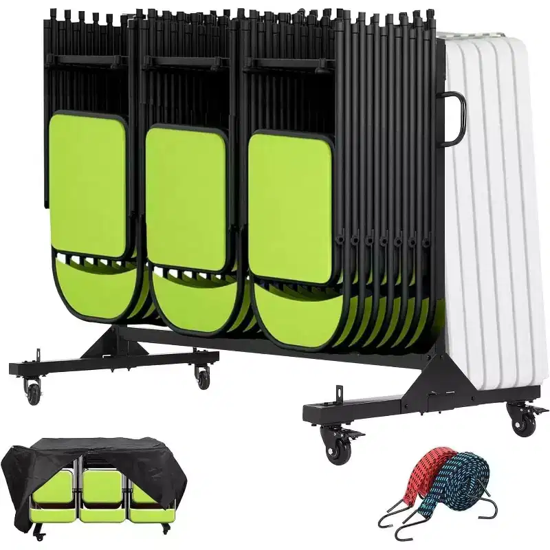 Folding Chair Rack Cart with Adjustable Height, PVC Locking Wheels, Cover Included, Heavy Duty Metal Frame, Holds up to 42 Chairs