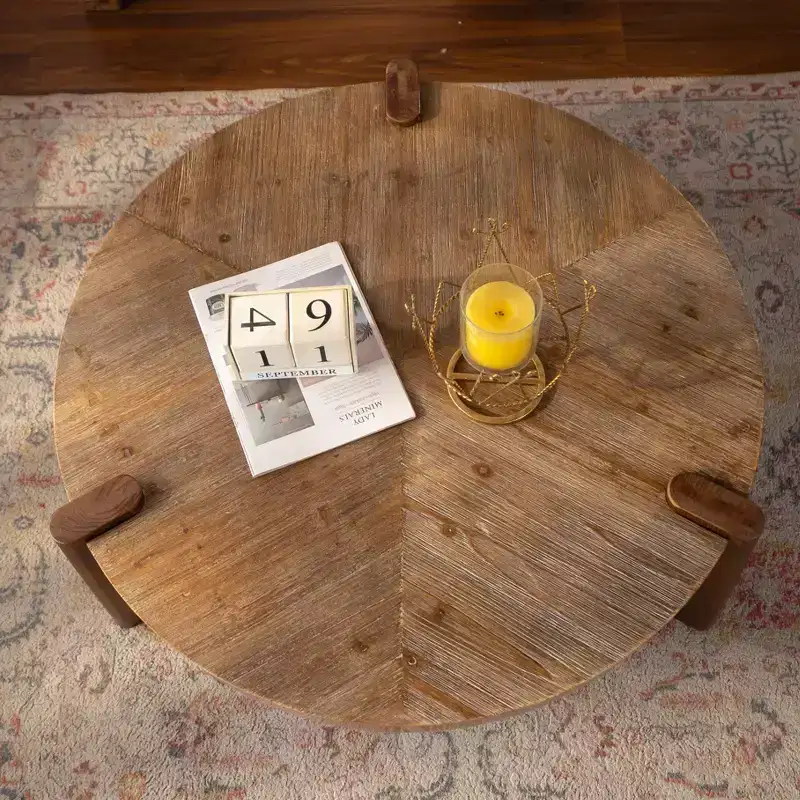 JVNOXK 36.61 Round Herringbone Coffee Table, Solid Wood & MDF Rustic Accent Table with Tapered Legs, Natural Distressed Wood Finish for Living Room