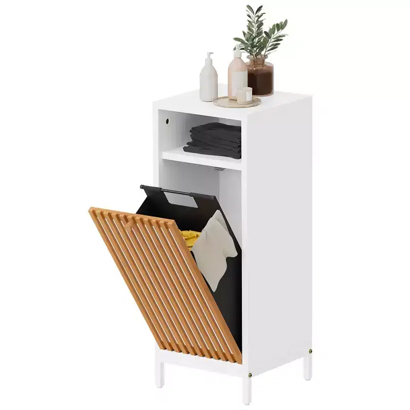 Homy Casa Bathroom Side Cabinet with Bamboo Front & Built-In Hamper, White