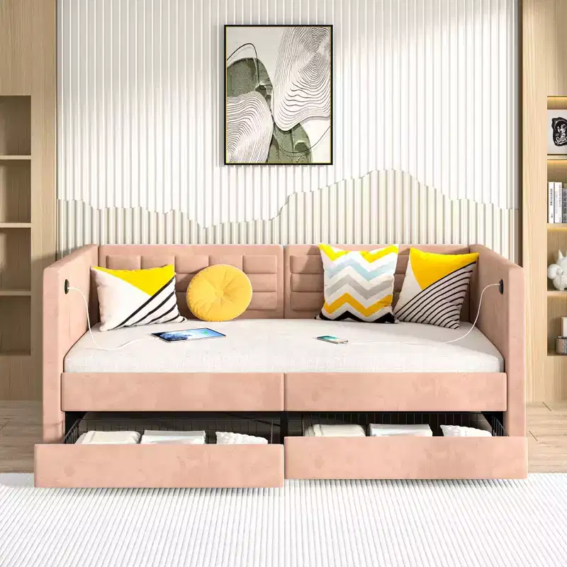 Twin Daybed with Storage Drawers, Upholstered Day Bed with Button Tufted headboard for Living Room/Bedroom, Built-in USB & Type C Ports, Brown