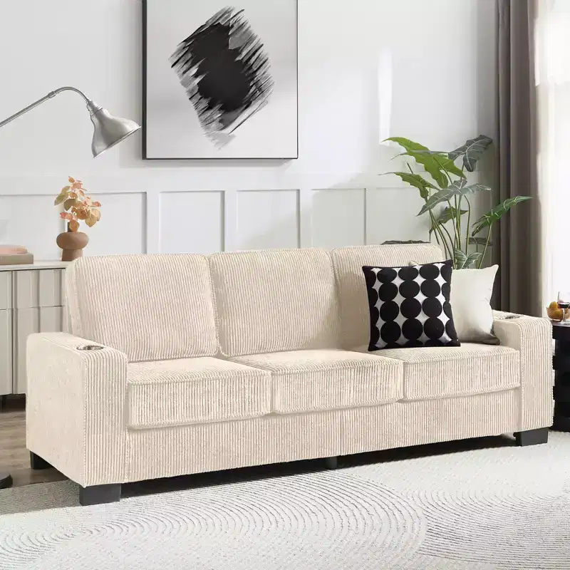 GDFStudio Everly 84 Corduroy Couch with Built-In Cup Holders