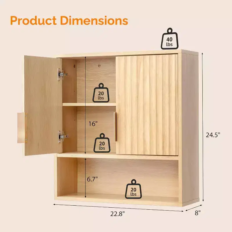 VINGLI Medicine Cabinet with 2 Fluted Doors,Bathroom Wall Cabinet (Natural Oak Color)