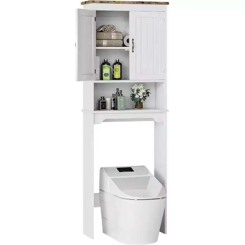 66-Inch Over Toilet Storage Cabinet, Freestanding Bathroom Organizer with Double Doors and Adjustable Shelves, Anti-Tip Device, Easy Assembly, White