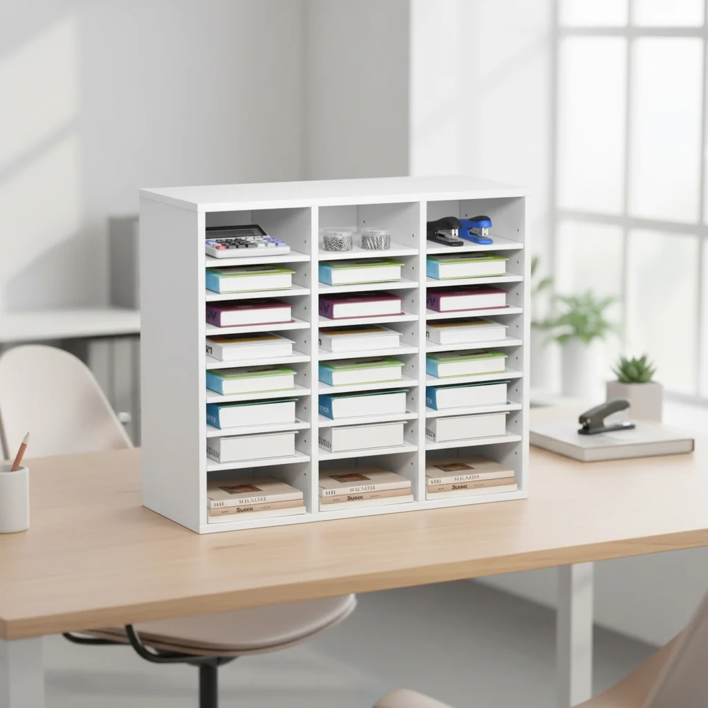 24-Compartment Wood Literature Organizer with Adjustable Shelves