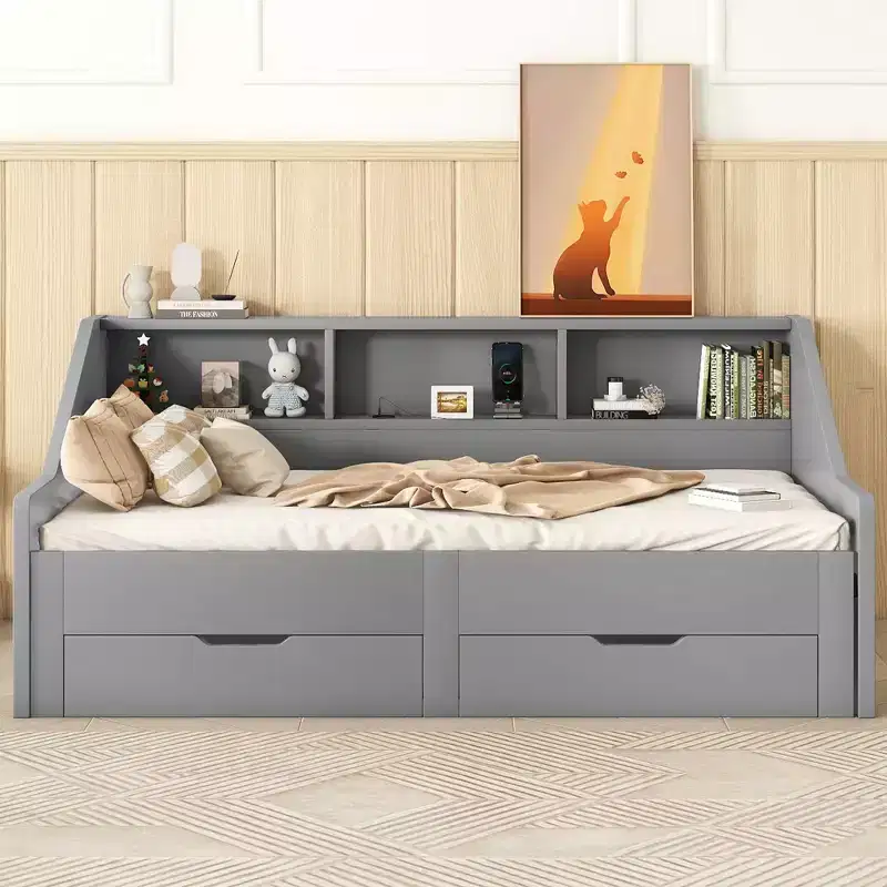 Twin to King Size Daybed with USB Ports, Storage Bookcases and Two Drawers, White/Gray-ModernLuxe