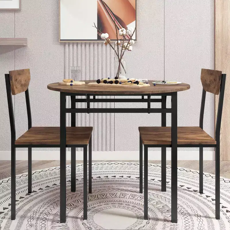 Whisen 3-Piece Round Dining Set with Drop Leaf & 2 Chairs - Black & Brown