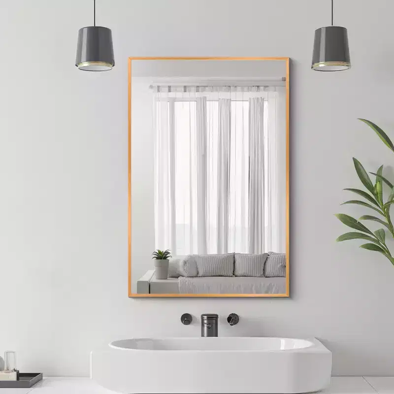 MAYEERTY Hanging Mirror Aluminum Alloy Thin Edge Right Angle Rectangle Gold 38x26x1in Double Sided