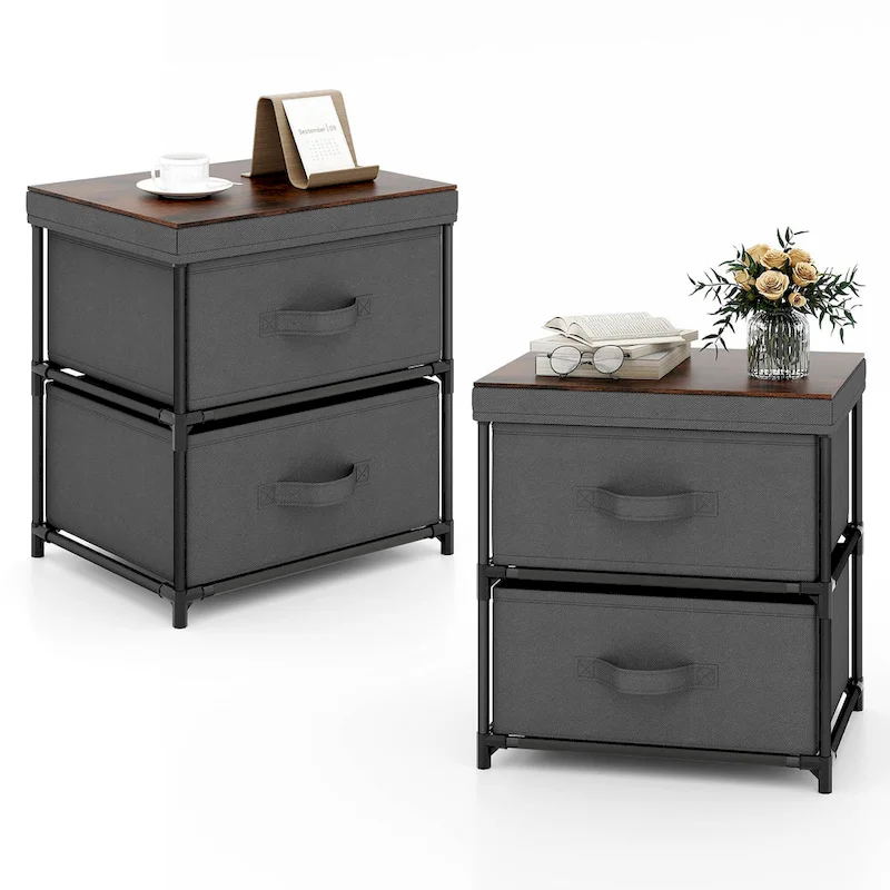 Gymax 2PCS 2 Drawer Dresser Fabric Storage Organizer Nightstand