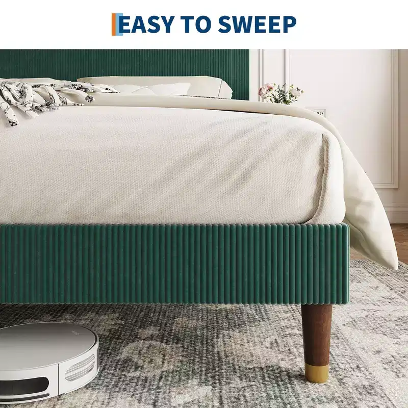 Modern Corduroy Upholstered Platform Bed Frame with Headboard  Sturdy Metal & Wooden Slats, Noise-Free, Low Profile