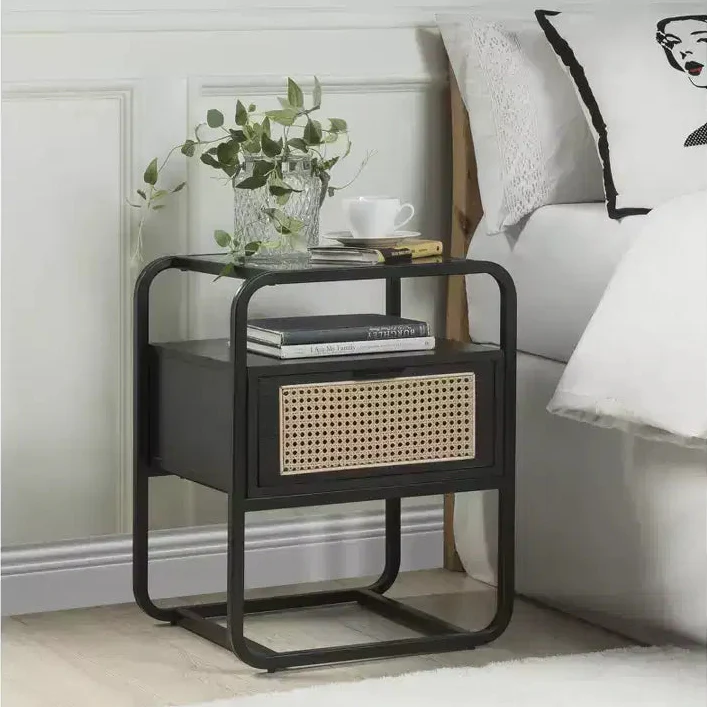 19 Inch Black Accent Table with Glass Top, Metal Frame & Storage Drawer, 24in High