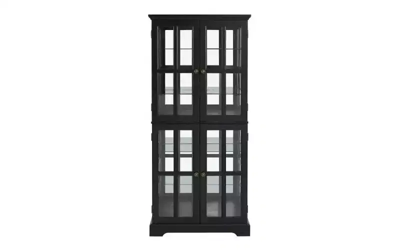 Antique Curio Bookshelf - Black MDF+Glass, 4 Doors, Adjustable Shelves, E26 Bulb