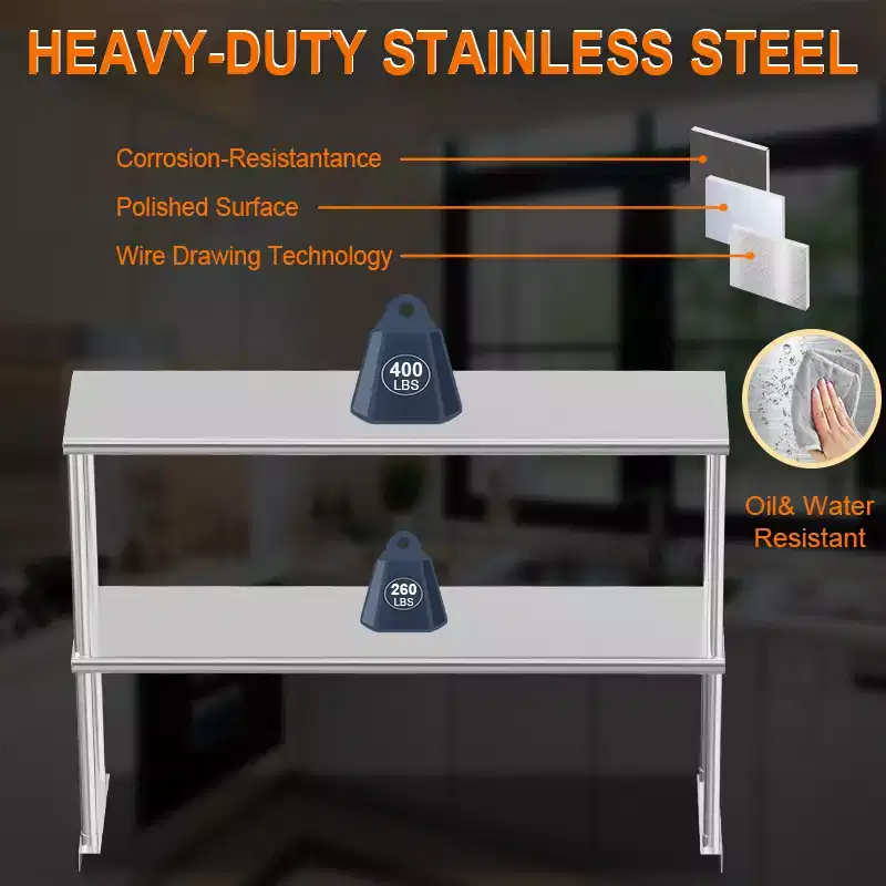 Stainless Steel Double Overshelves, 48x12 Inch, Commercial Overshelves with Adjustable Under Shelf, Rust Resistant, for Prep Table Workbench