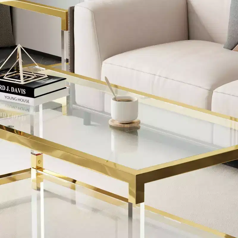 Modern Acrylic Legs Coffee Table, Double Layer Tempered Glass Top with Golden Metal Frame for Living Room Office