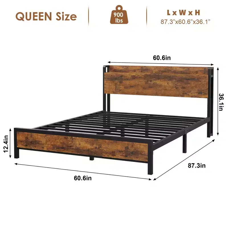Rustic Industrial Queen Bed FrameHeavy Duty Metal Platform Frame with Wooden HeadboardQueen Size Bed Frame for Bedroom