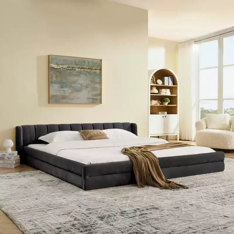 King Size Upholstered Platform Bed with Chenille Fabric Headboard, Gray