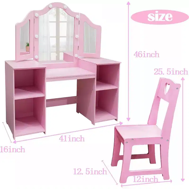 2-in-1 Kids Vanity with Lights, Princess Makeup Desk and Chair Set, Storage Shelves & Cabinet for Pretend Play