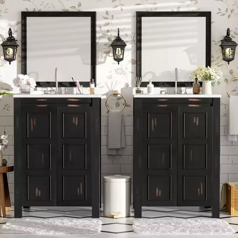 48 Vintage Bathroom Vanity Combo with Double Vanities, Bathroom Storage Cabinet with Soft Close Doors and Shelf, Espresso